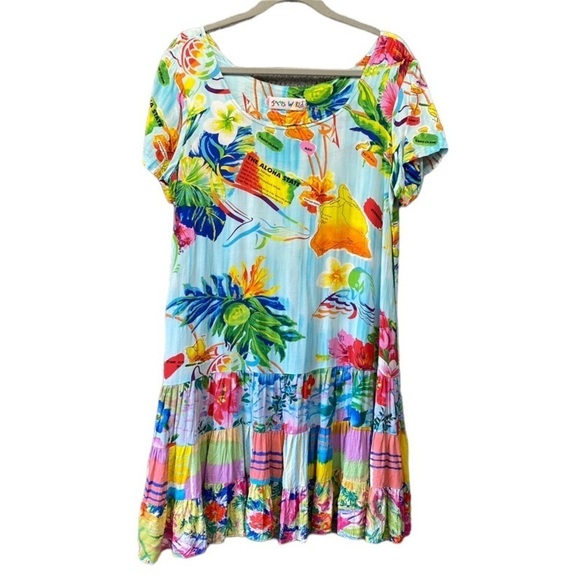 Vintage Jams World Island Life Tiered Haittie Dress Hawaiian Map Sz L - Picture 1 of 9